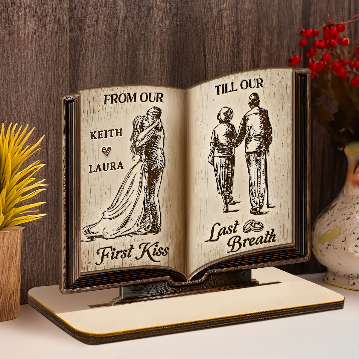 Personalized Wooden Book Sculpture for Couples - Wedding Anniversary Gift Plaque MagicInPrints