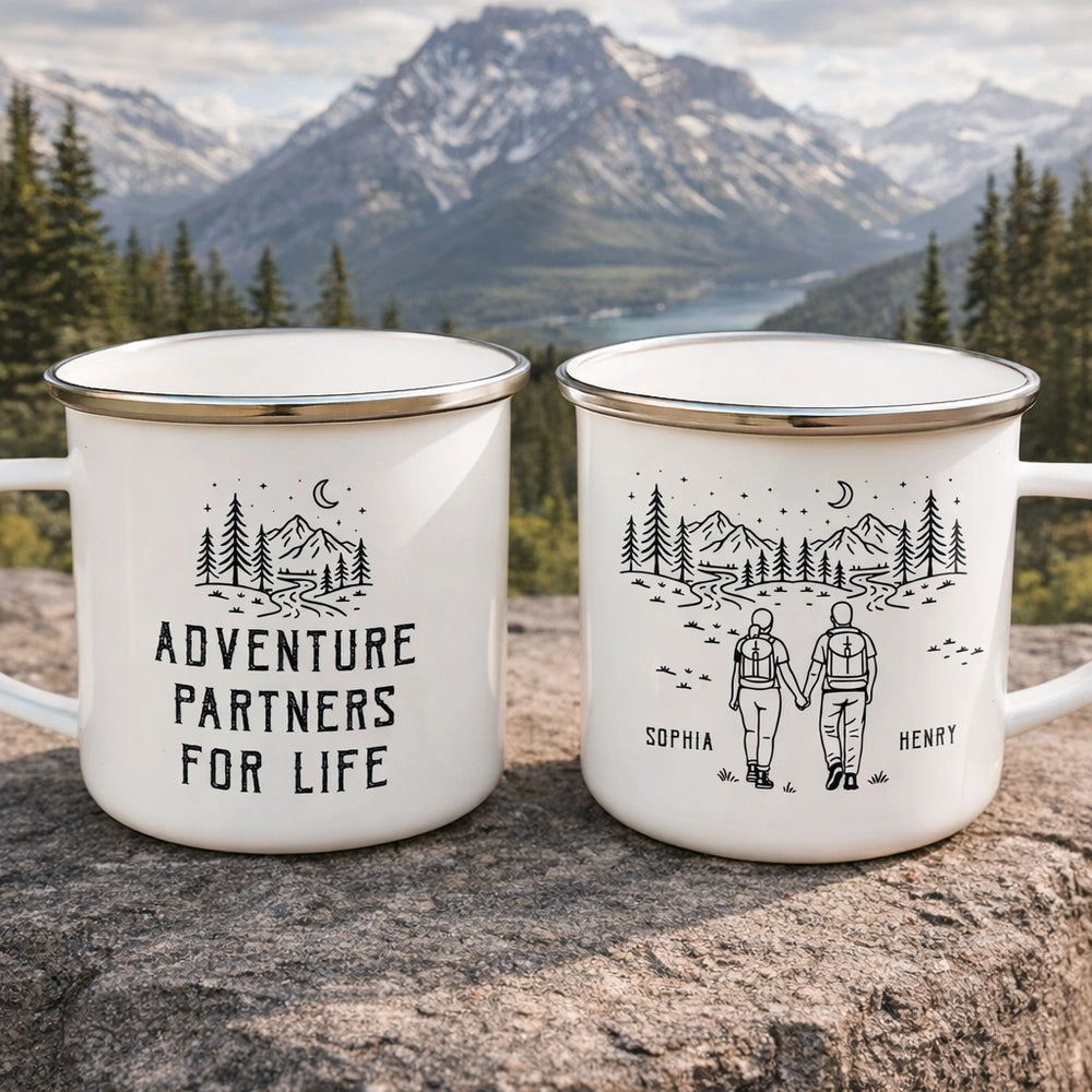 Personalized Adventure Partner Enamel Mug Set for Couples - Outdoor Camping Gift Cup MagicInPrints