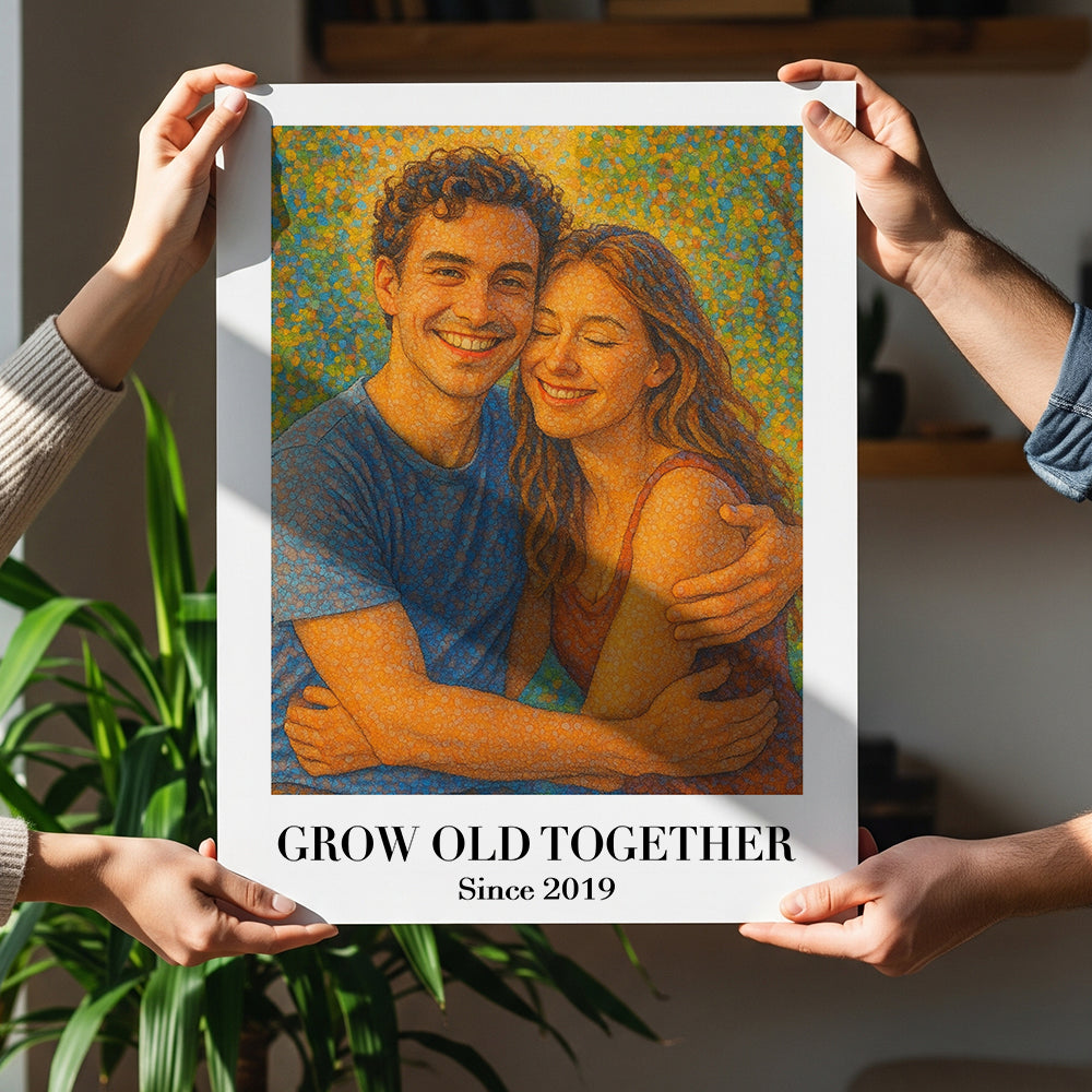 “Grow Old Together” - Personalized Pointillism Art Couple Poster - Custom Gift for Anniversary, Weddings, and Special Occasions Poster & Canvas MagicInPrints
