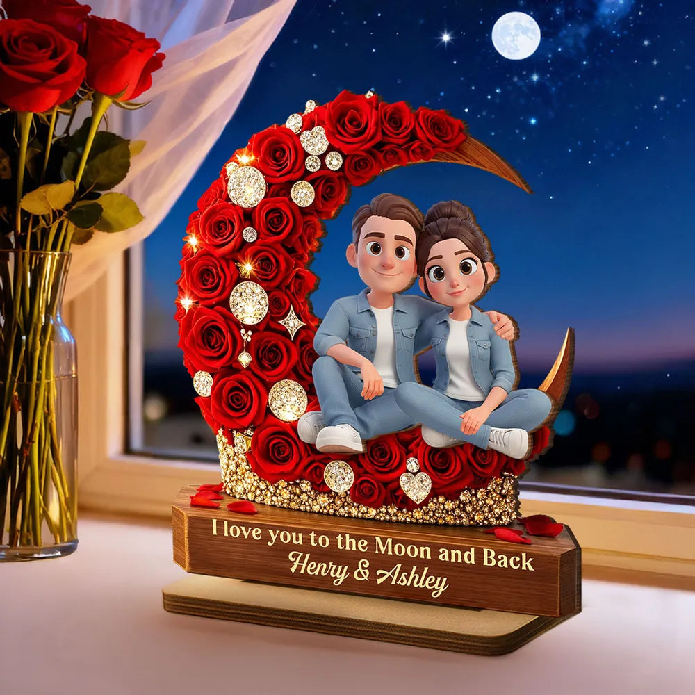 Personalized Romantic Couple Figurine with Red Rose Moon - Anniversary Gift Plaque MagicInPrints