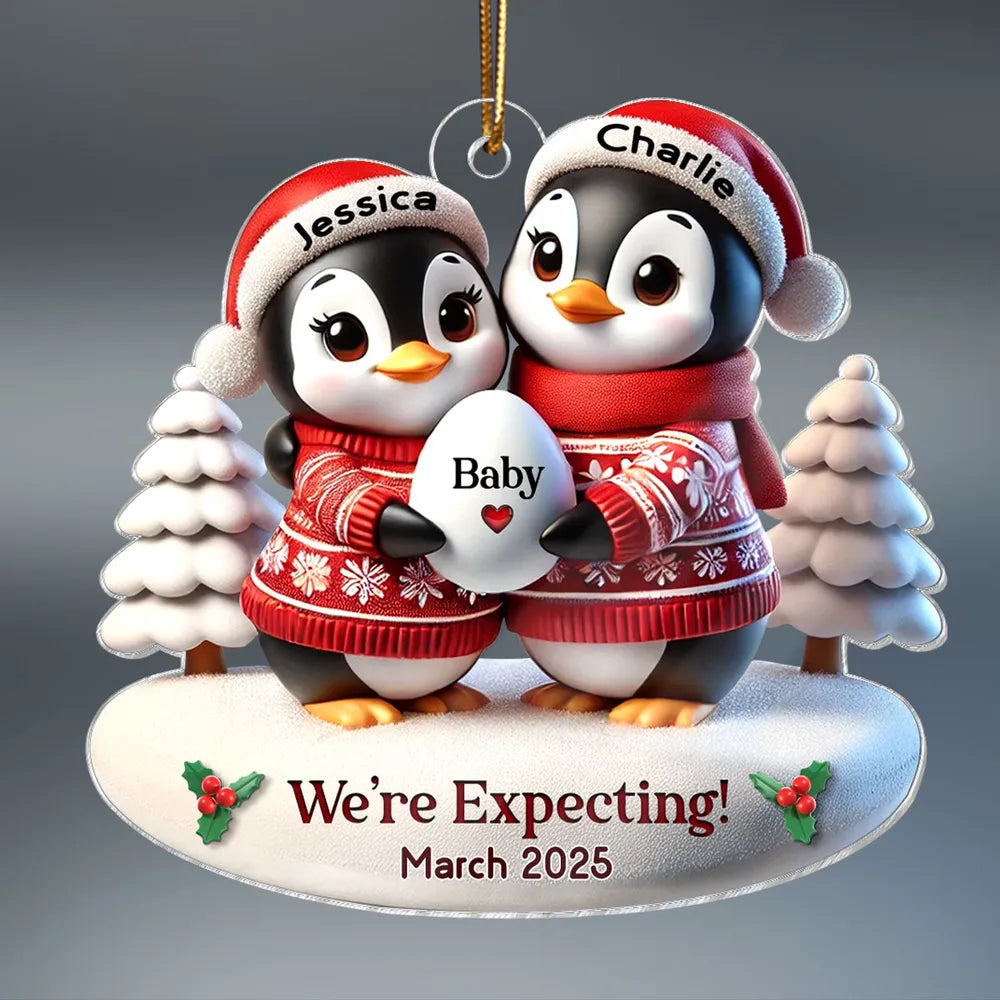 Personalized Penguin Family Christmas Ornament for Expecting Parents - Baby Announcement 2025 Ornament MagicInPrints