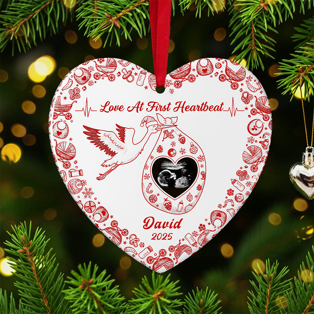 Love At First Heartbeat - Personalized Christmas Gift for Pregnant Women - Heart Ceramic Ornament Ornament MagicInPrints