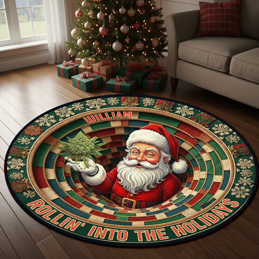 “Rollin’ Into the Holidays” - Personalized Chill Santa Round Rug - Unique Christmas Gift for Family and Friends Doormat MagicInPrints