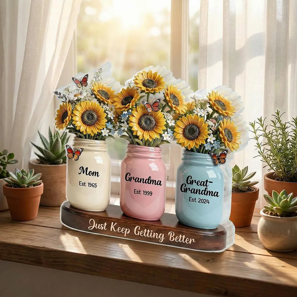 Personalized Floral Mason Jar Set for Mom, Grandma, Great-Grandma - Sentimental Gift Plaque MagicInPrints