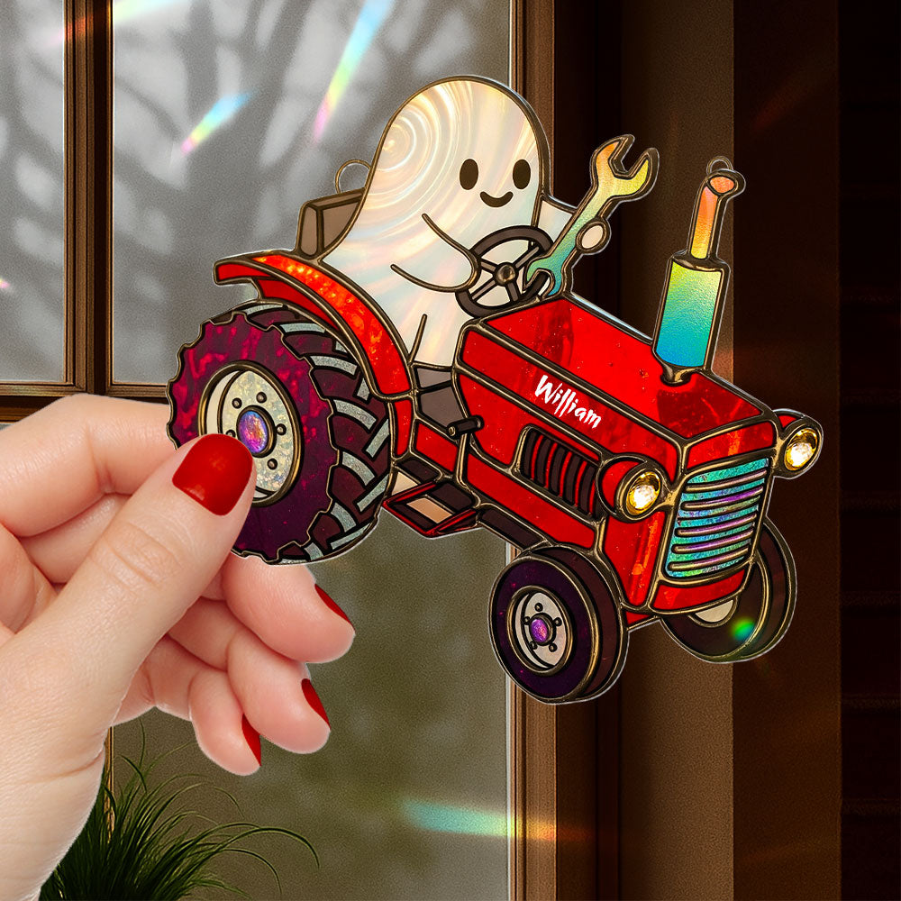 "Rev up your spirit!" Personalized Cute Tractor Ghost Farmer Suncatcher - Unique Gift for Farmers Ornament MagicInPrints