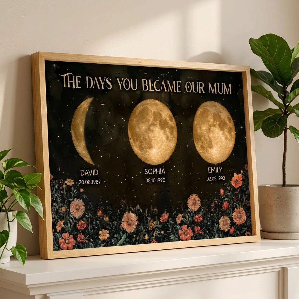 Personalized Moon Phase Print for Mom - Custom Birth Dates Wall Art Poster or Canvas MagicInPrints