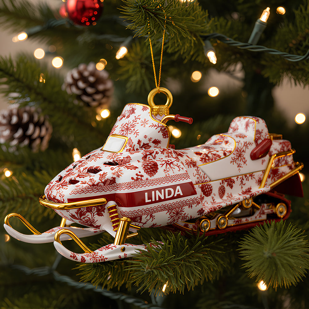 “Ride Through the Snow” - Personalized Snowmobile Toile de Jouy Ornament - Unique Christmas Gift for Friends and Family Ornament MagicInPrints