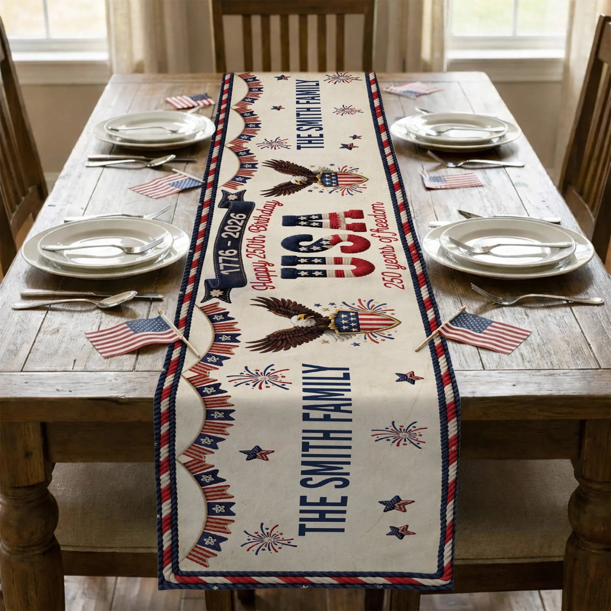 Personalized Patriotic Table Runner for Families - USA 250th Birthday Celebration Kitchen Supplies MagicInPrints
