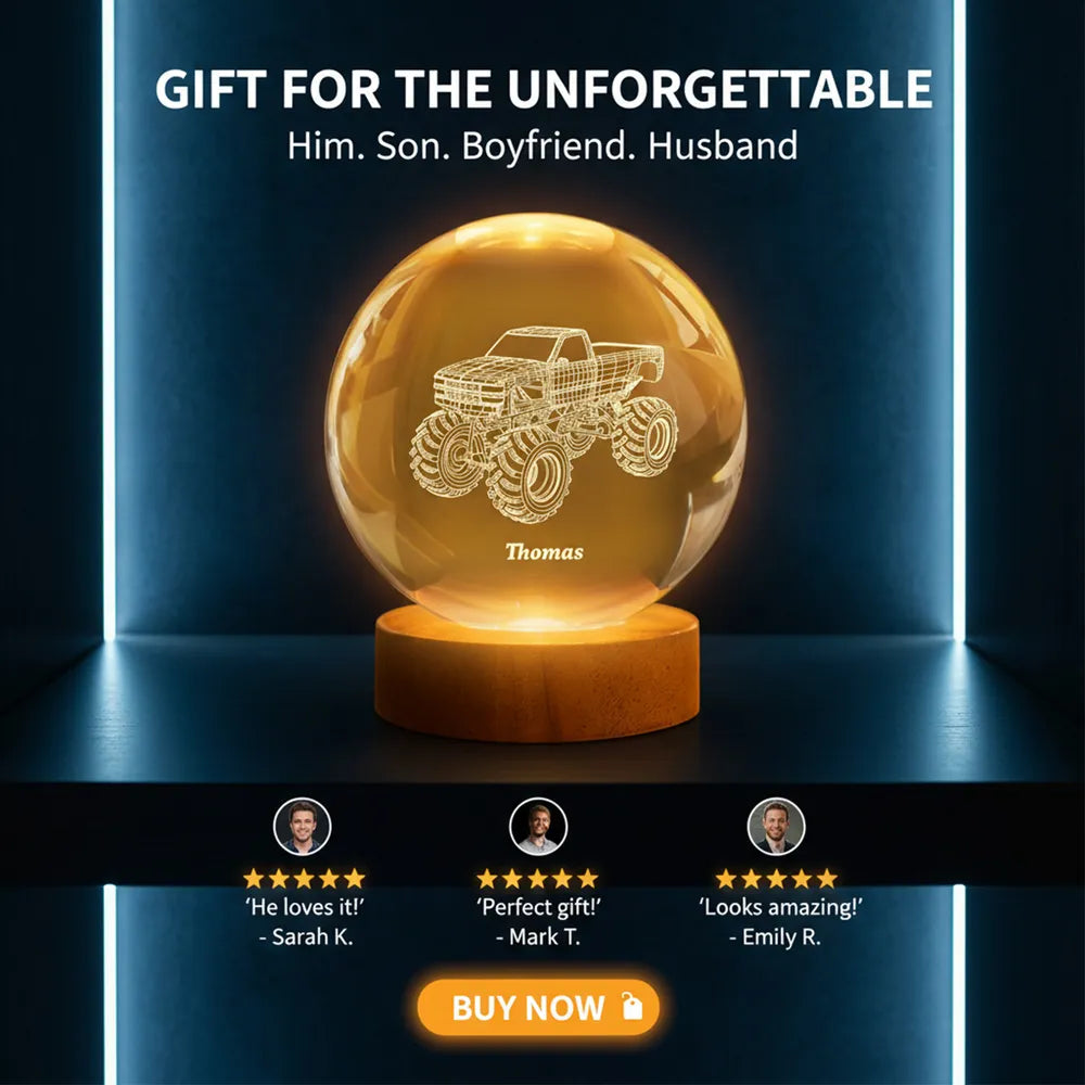 Personalized 3D Engraved Crystal Ball Lamp for Kids - Monster Truck Design Lamp MagicInPrints