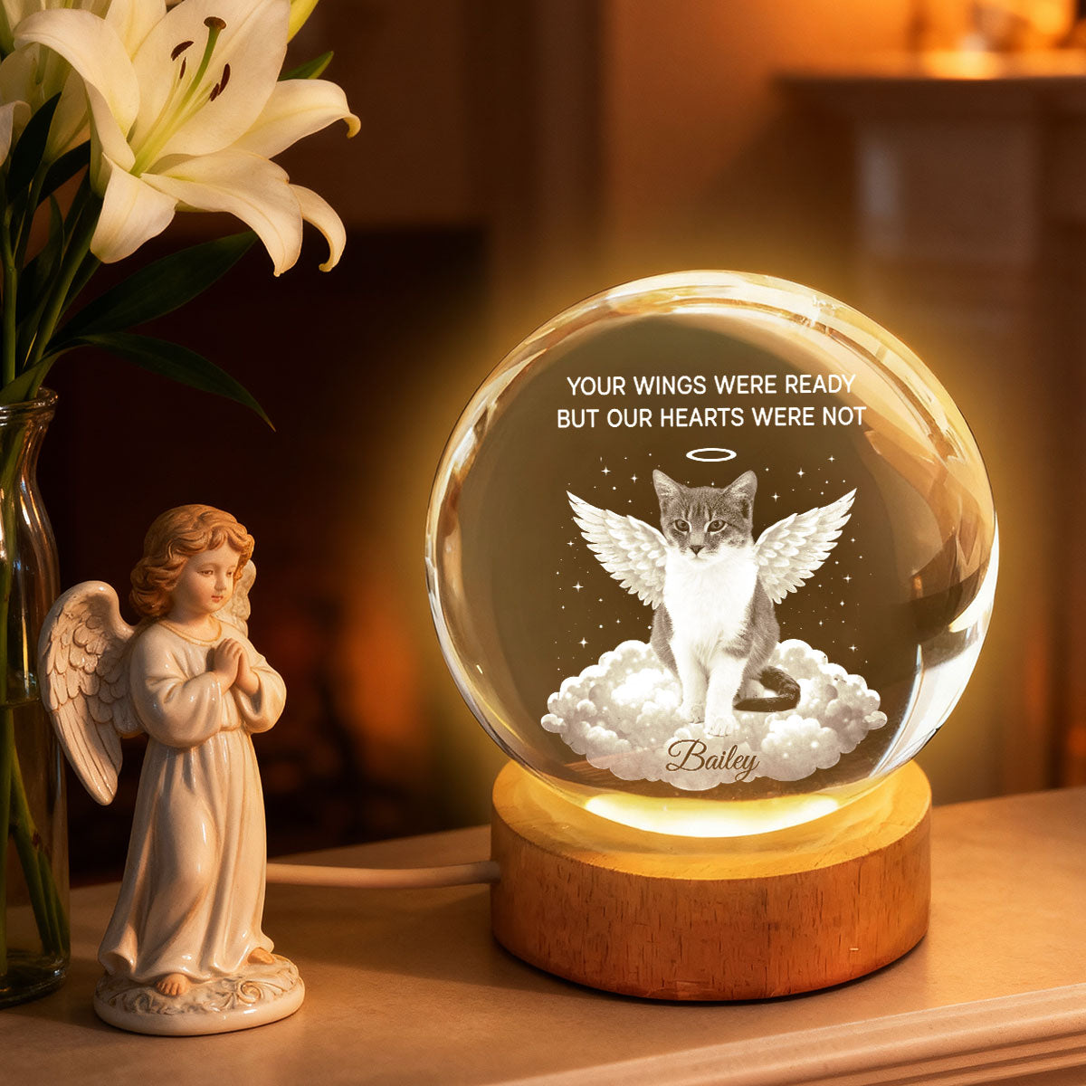 Personalized Pet Memorial Crystal Ball Light for Cat Lovers - Sentimental Keepsake Lamp MagicInPrints