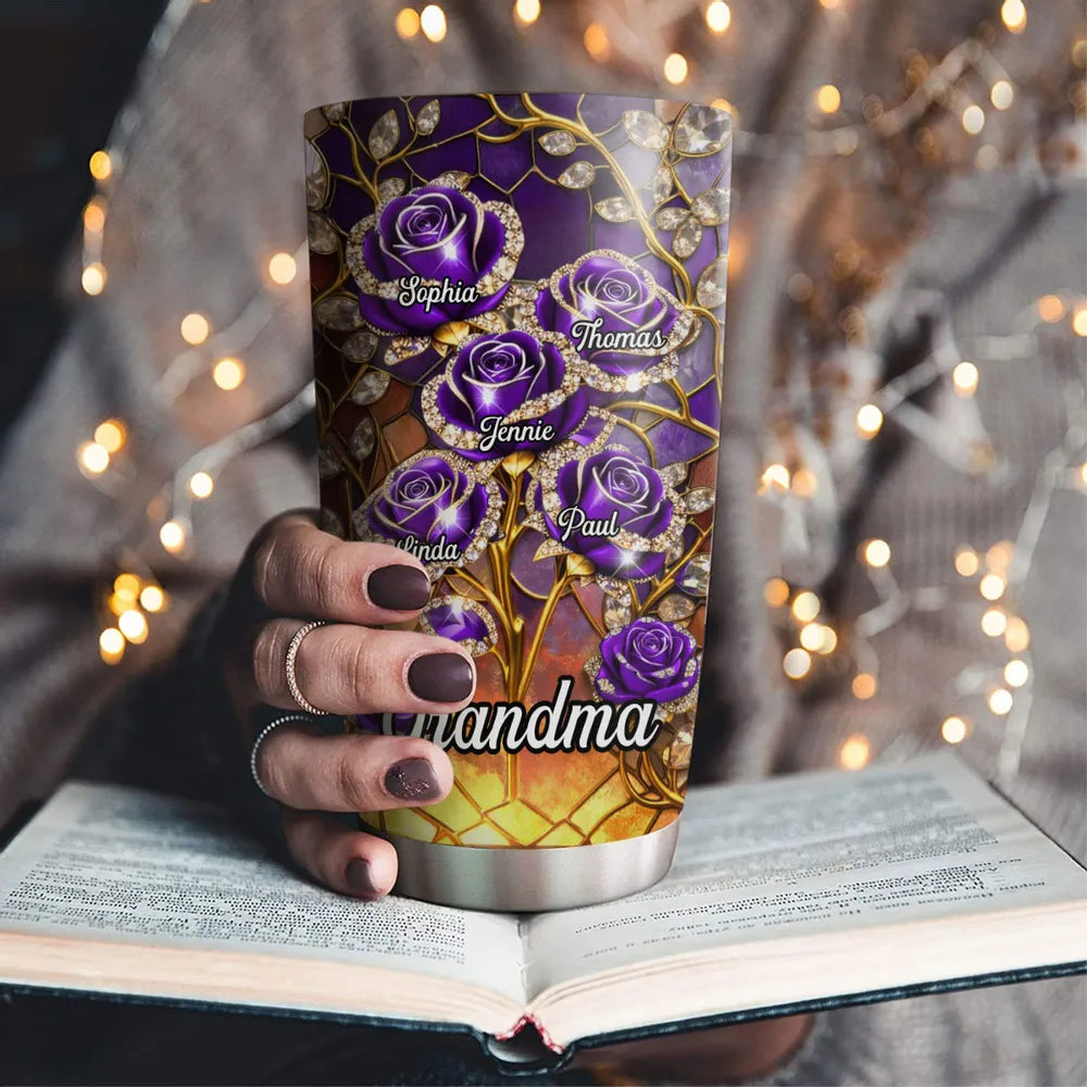 Personalized Tumbler for Grandma with Custom Names and Purple Roses - Thoughtful Gift Cup MagicInPrints