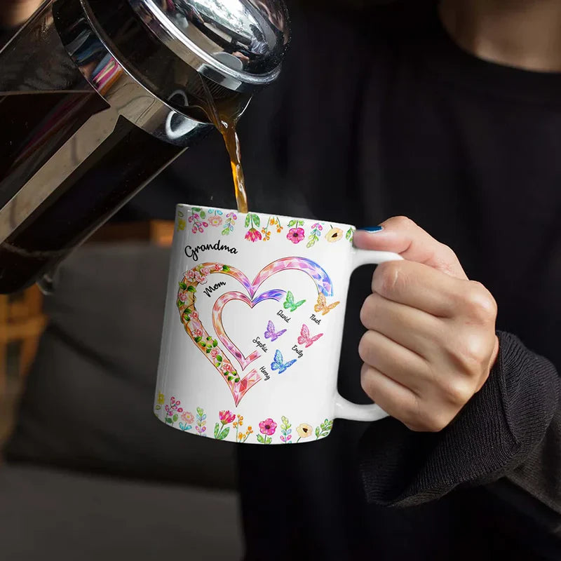 Personalized Family Heart Mug for Grandma - Custom Names with Floral Design Cup MagicInPrints