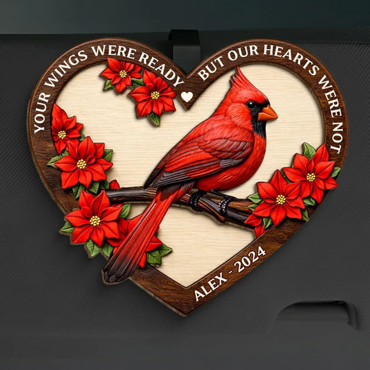 Personalized Memorial Heart Plaque with Cardinal and Flowers - Remembrance Gift Car Hanger MagicInPrints