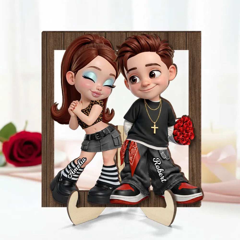 Custom Cartoon Couple Wooden Frame for Romantic Gift - Personalized Names Plaque MagicInPrints