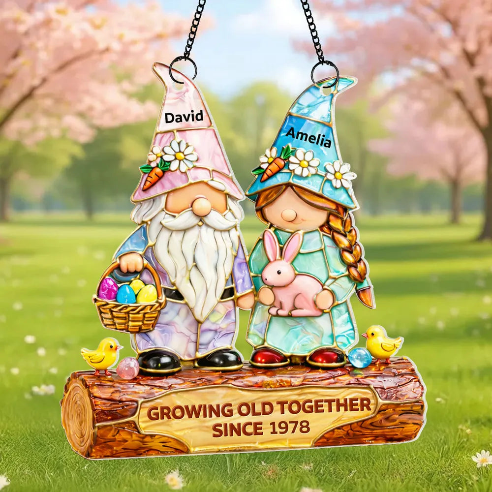 Personalized Gnome Couple Stained Glass Ornament for Couples - Anniversary Gift Ornament MagicInPrints