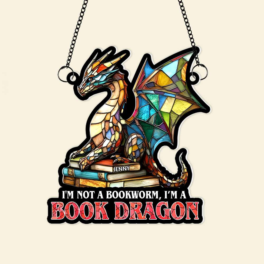 Personalized Book Lover's Suncatcher Ornament - Dragon Reading Book Ornament PopCulturePrints