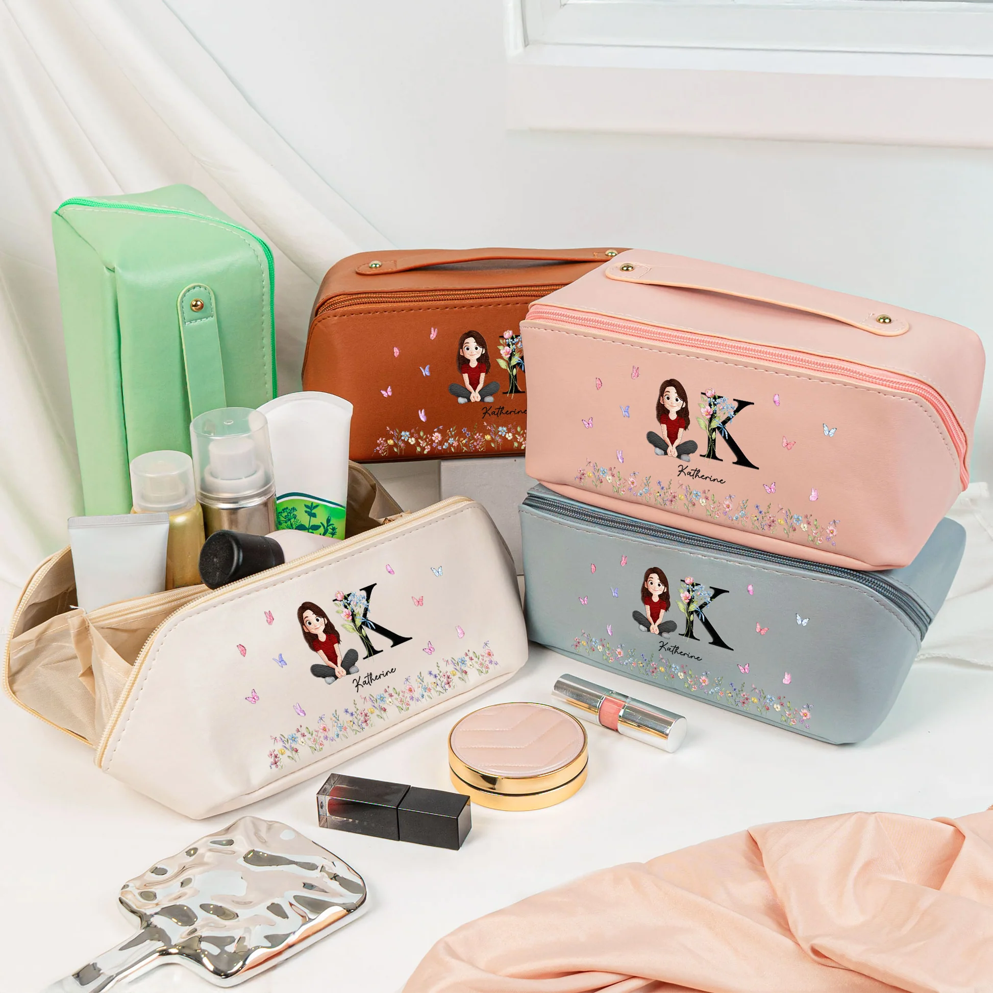 Personalized Makeup Bag for Women with Initial and Cartoon Design - Perfect Gift Bag MagicInPrints