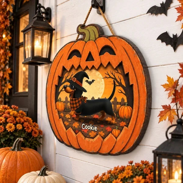 Personalized Wooden Halloween Sign for Dog Lovers | Custom Dachshund Gift