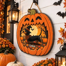Load image into Gallery viewer, Personalized Wooden Halloween Sign for Dog Lovers | Custom Dachshund Gift
