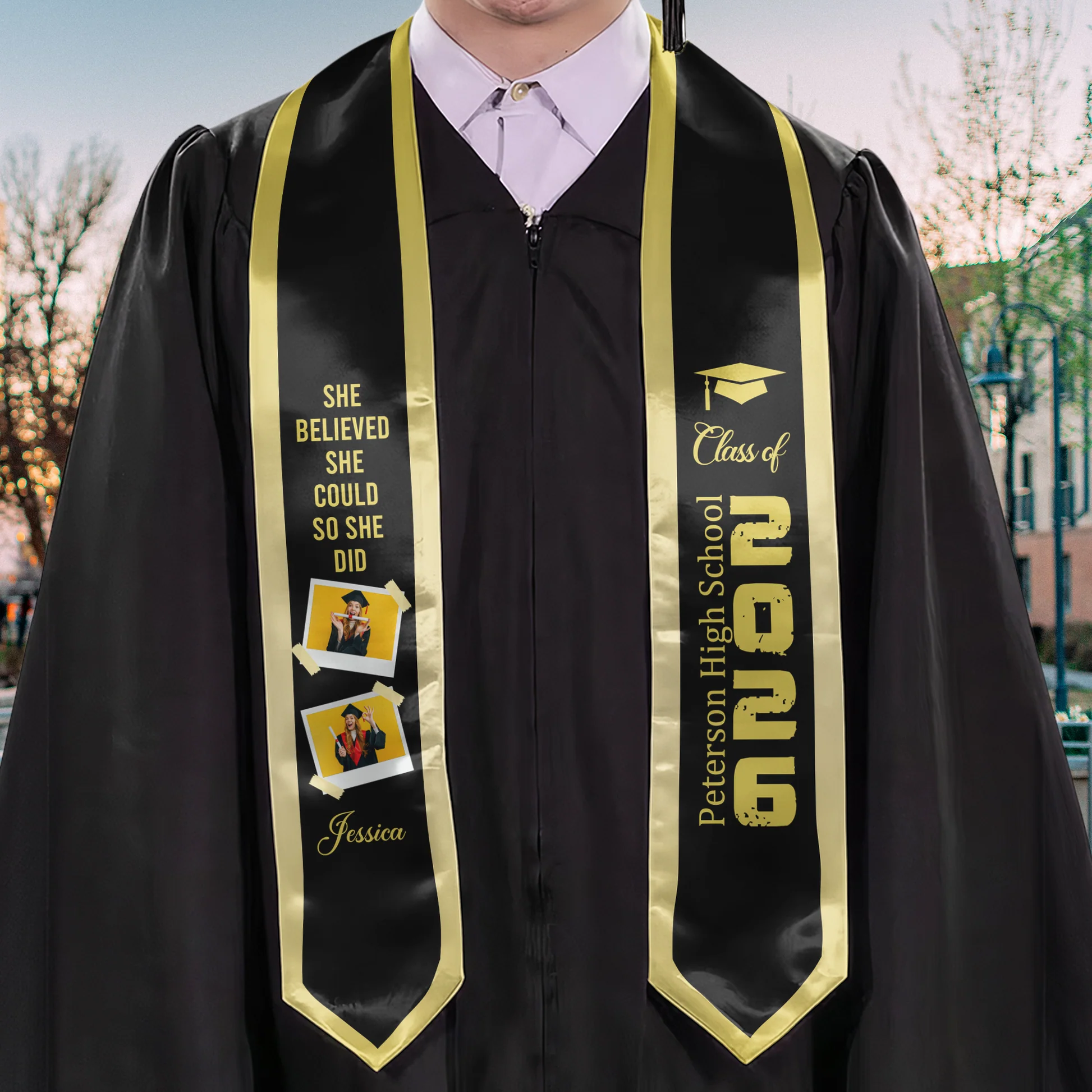 Custom Graduation Stole for Women with Inspirational Quote and Photos - High School Ceremony Cloth MagicInPrints