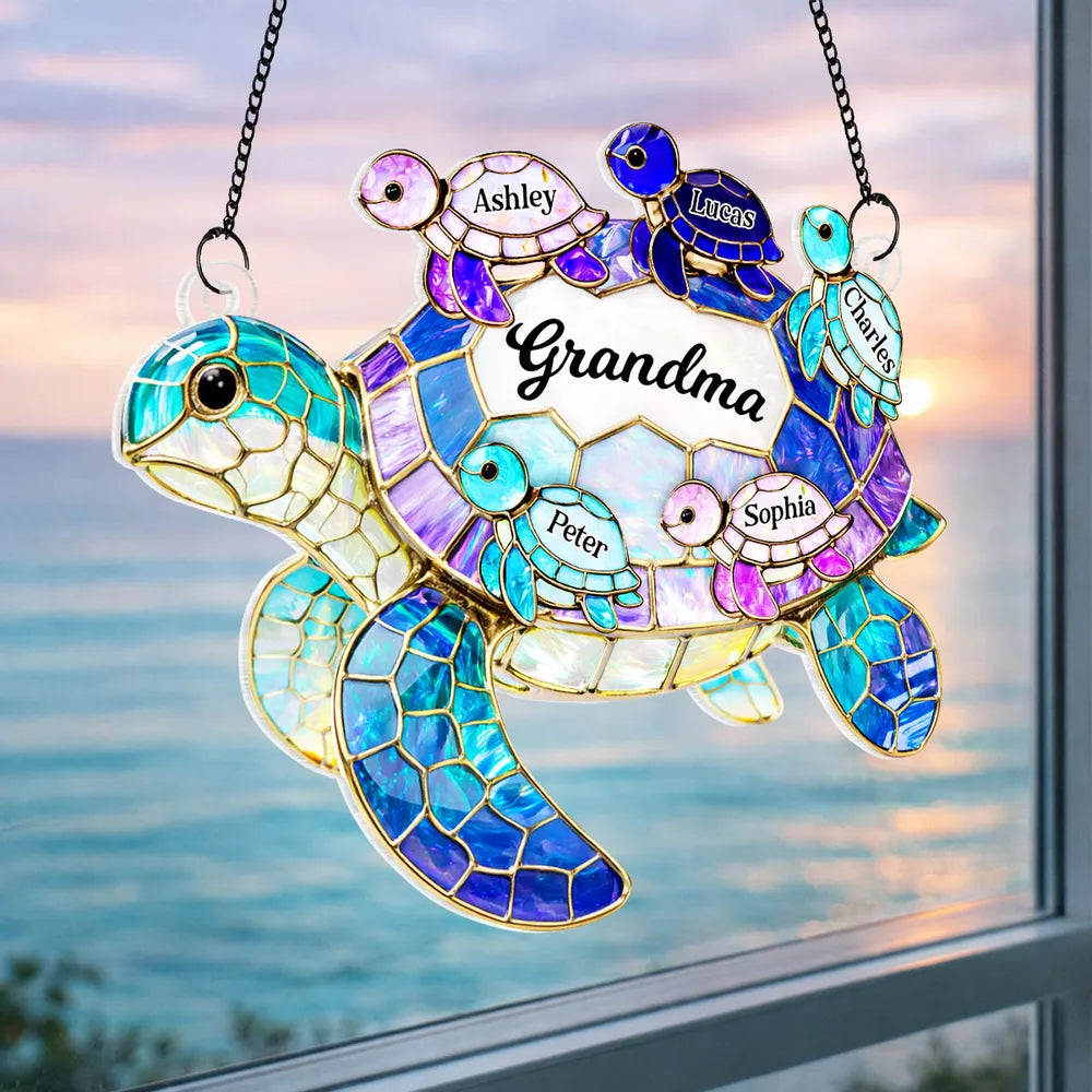 Personalized Stained Glass Turtle Sun Catcher for Grandma - Family Gift Ornament MagicInPrints