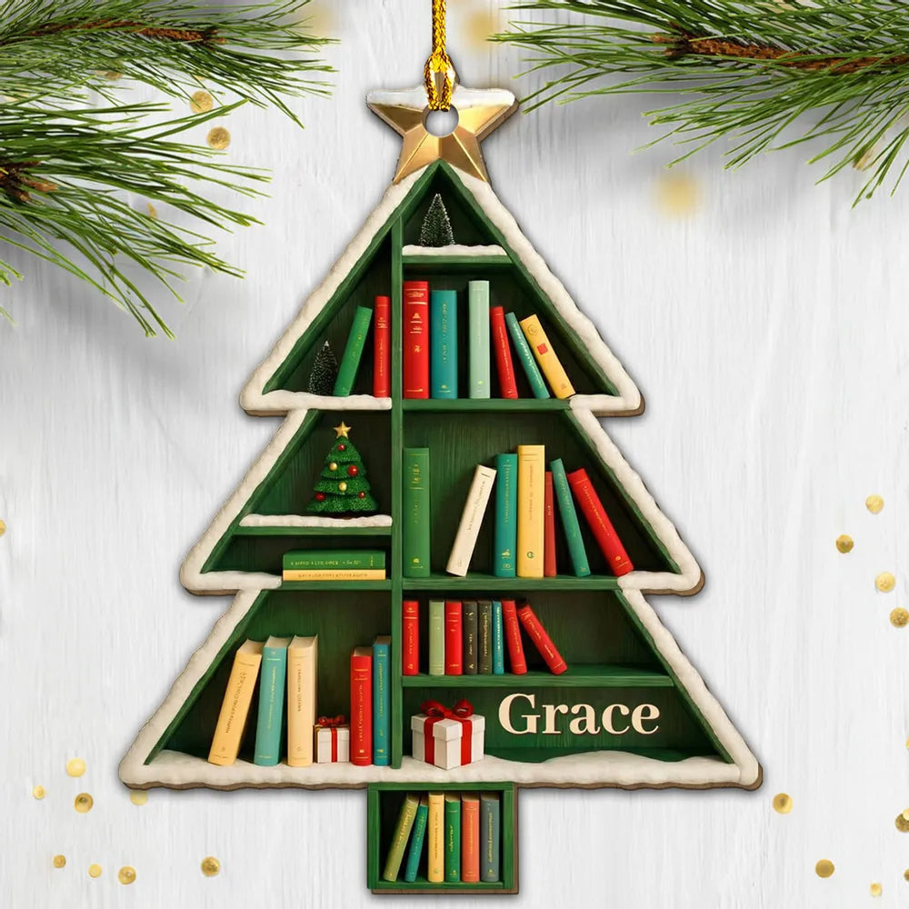 Personalized Christmas Tree Bookshelf Ornament for Book Lovers - Holiday Decor Ornament MagicInPrints