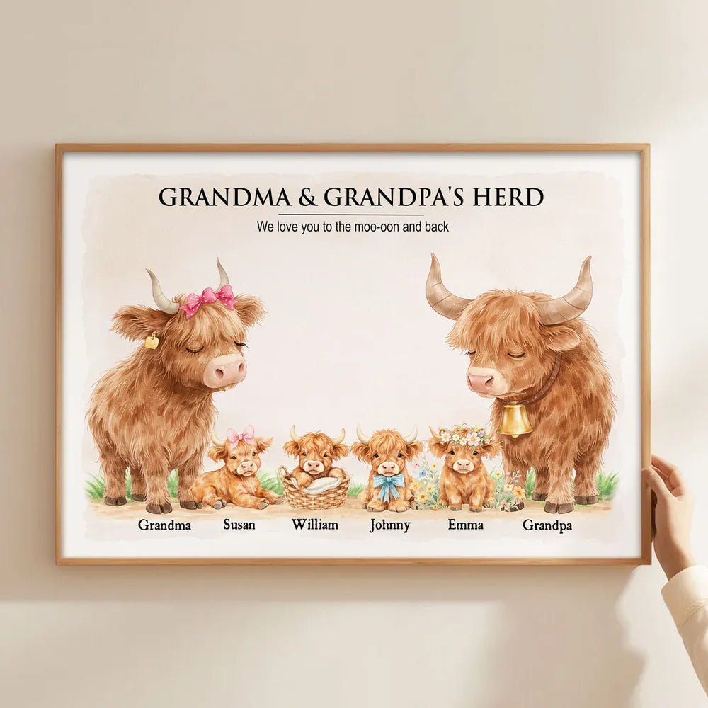 Personalized Family Cow Canvas Art for Grandparents - Sentimental Home Decor Poster or Canvas MagicInPrints