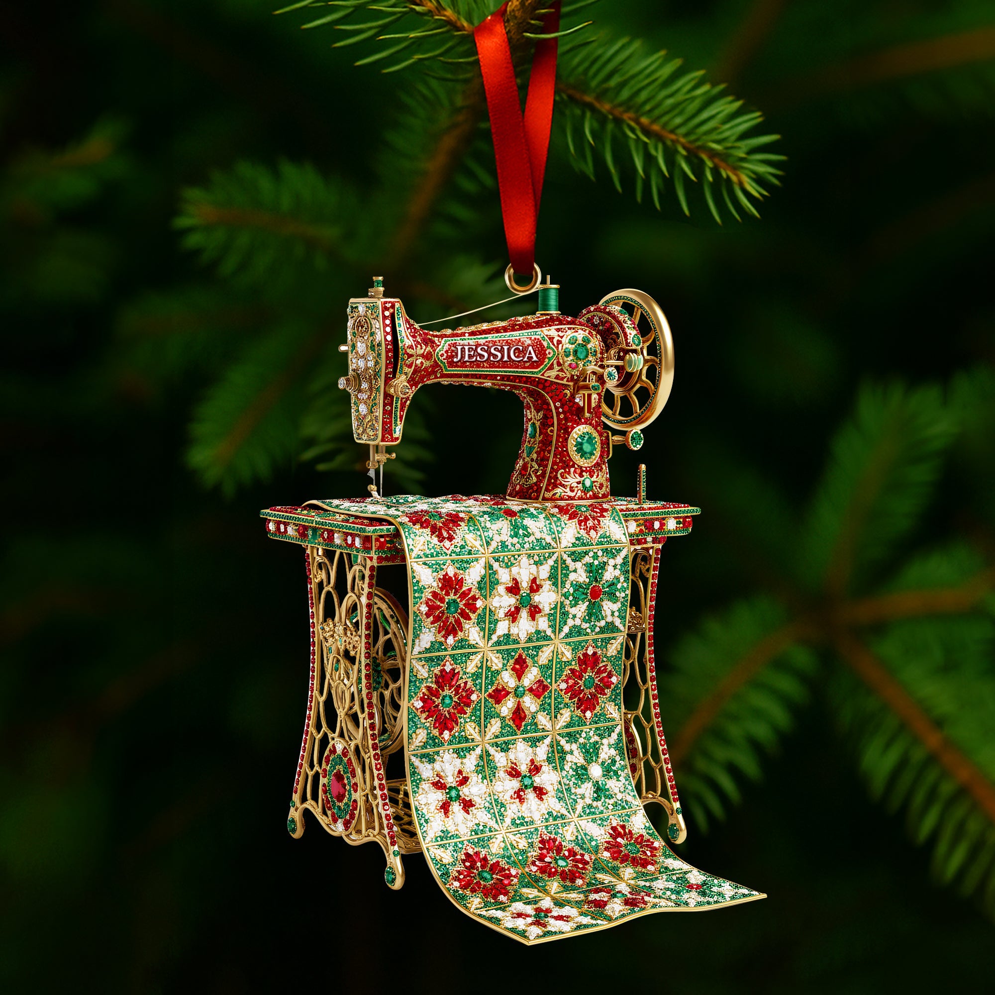 "Stitching Joy This Christmas" - Personalized Sparkle Sewing Machine Ornament - Custom Gift for Sewing Enthusiasts Ornament MagicInPrints