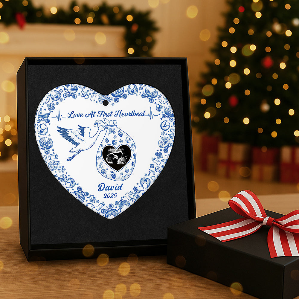 Love At First Heartbeat - Personalized Christmas Gift for Pregnant Women - Heart Ceramic Ornament Ornament MagicInPrints