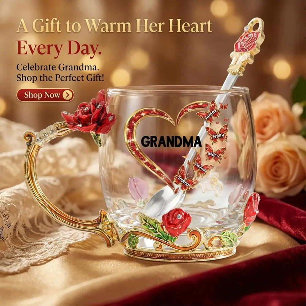 Personalized Glass Tea Mug for Grandma with Floral Design - Mother's Day Gift Cup MagicInPrints