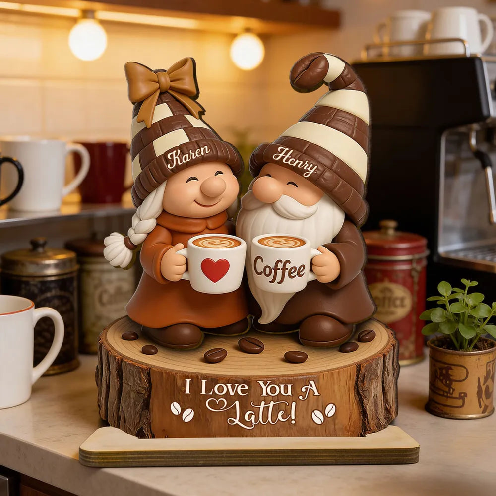 Personalized Couple Gnome Figurine for Coffee Lovers - Anniversary Gift Plaque MagicInPrints