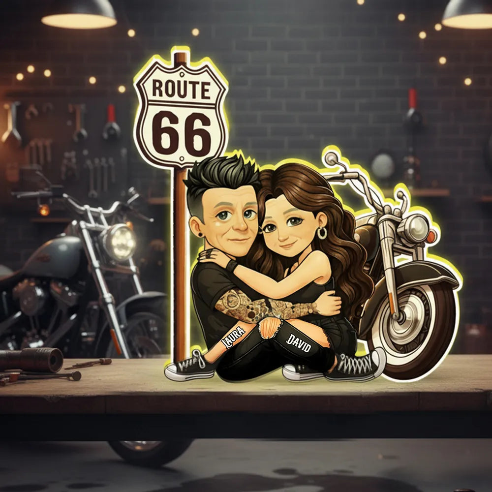 Customized Couple Cartoon Art for Bikers - Route 66 Adventure Gift Plaque MagicInPrints