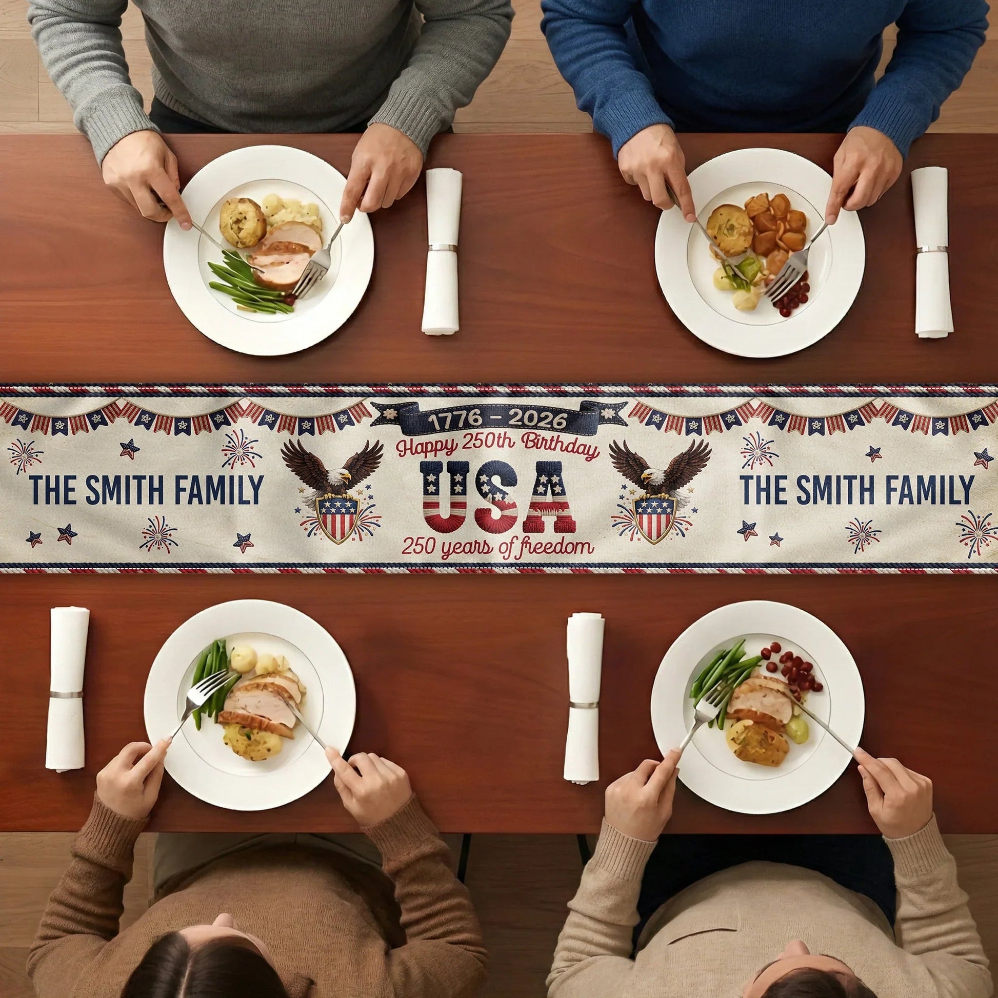 Personalized Patriotic Table Runner for Families - USA 250th Birthday Celebration Kitchen Supplies MagicInPrints