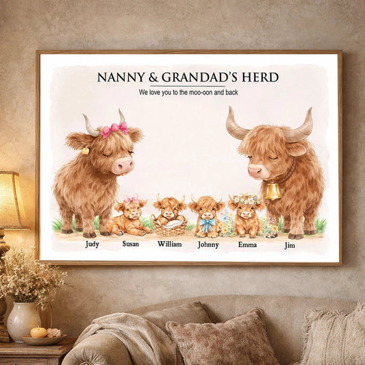 Personalized Family Highland Cow Canvas for Grandparents - Sentimental Home Decor Poster or Canvas MagicInPrints