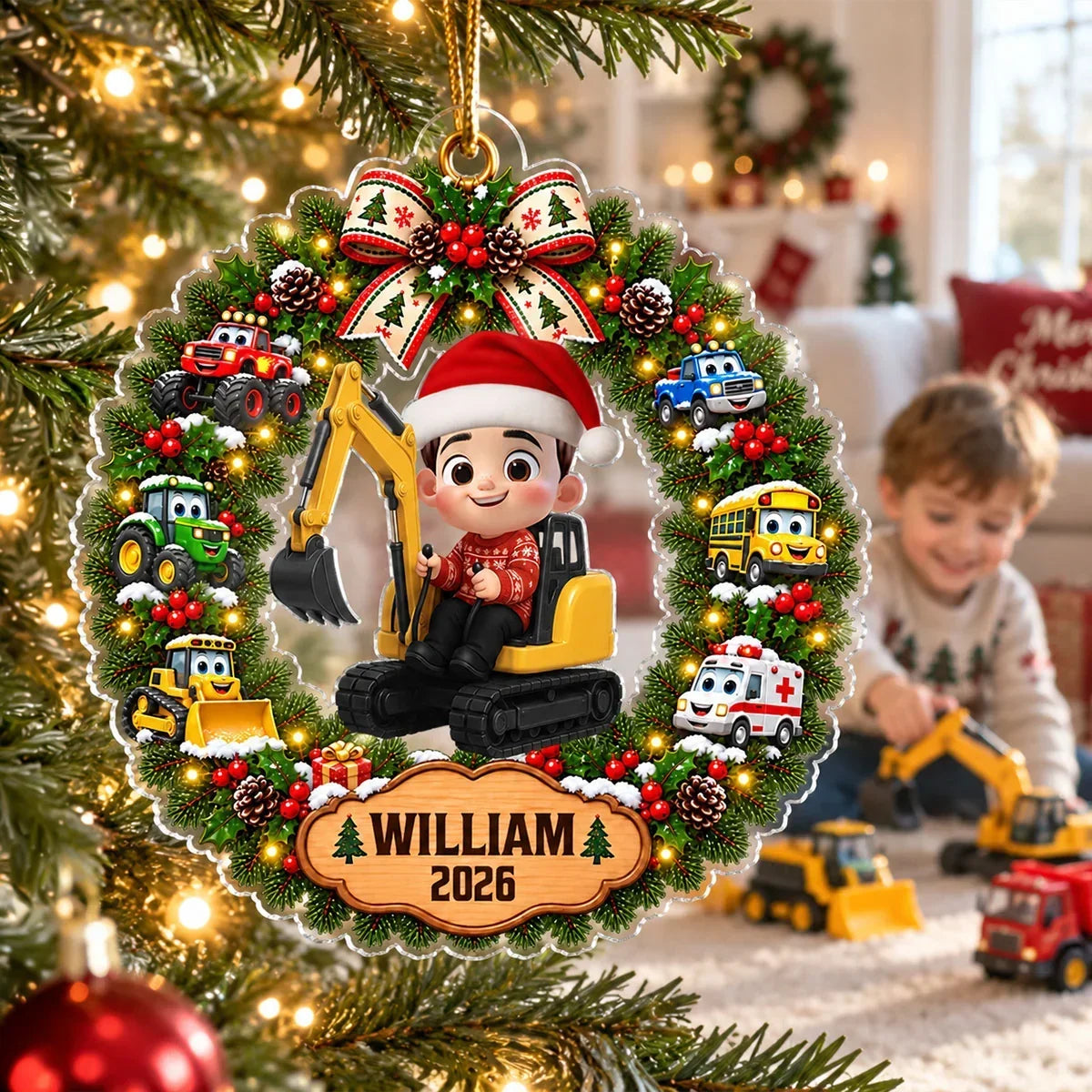Personalized Acrylic Christmas Ornament for Grandson with Excavator