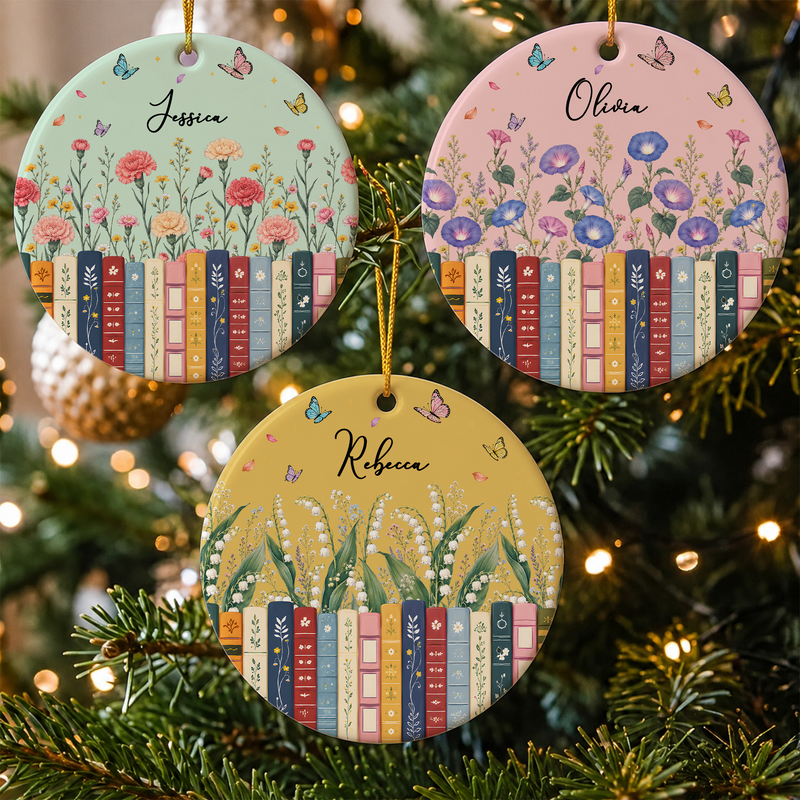 Personalized Aqua Floral Ceramic Ornament Gift for Book Lovers