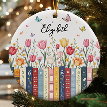 Load image into Gallery viewer, Personalized Aqua Floral Ceramic Ornament Gift for Book Lovers
