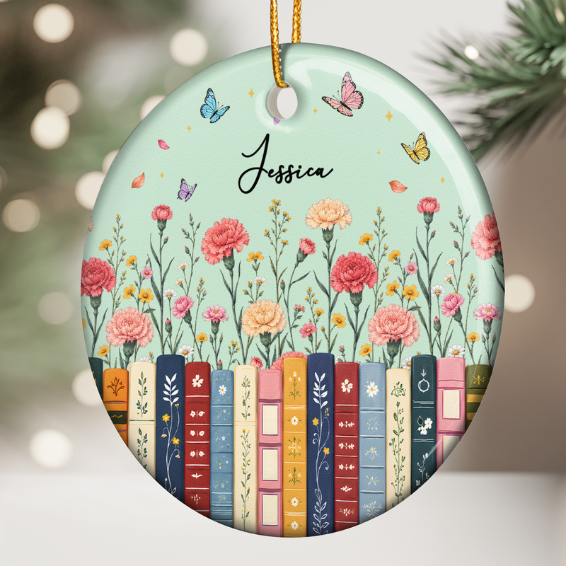 Personalized Aqua Floral Ceramic Ornament Gift for Book Lovers