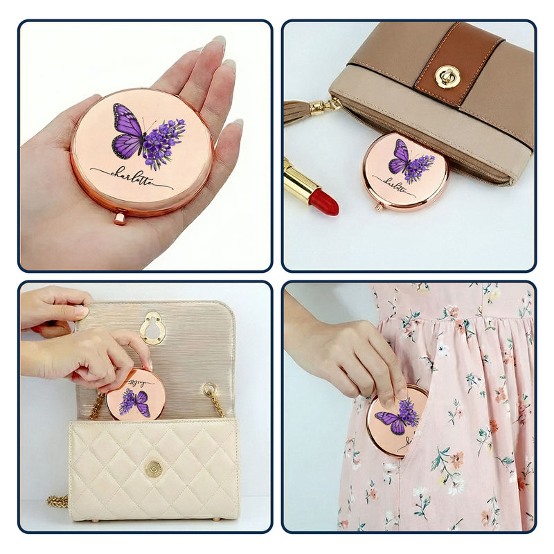 Personalized Metal Compact Mirror Birth Flower Butterfly Art Gift for Friend