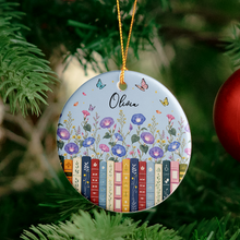 Load image into Gallery viewer, Personalized Aqua Floral Ceramic Ornament Gift for Book Lovers
