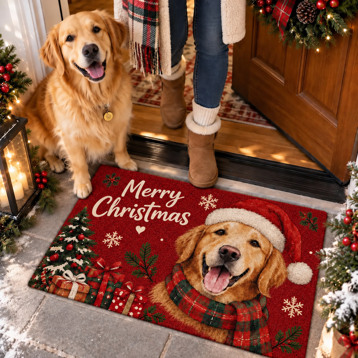 Personalized Christmas Doormat with Festive Dog Design Gift for Dog Lovers