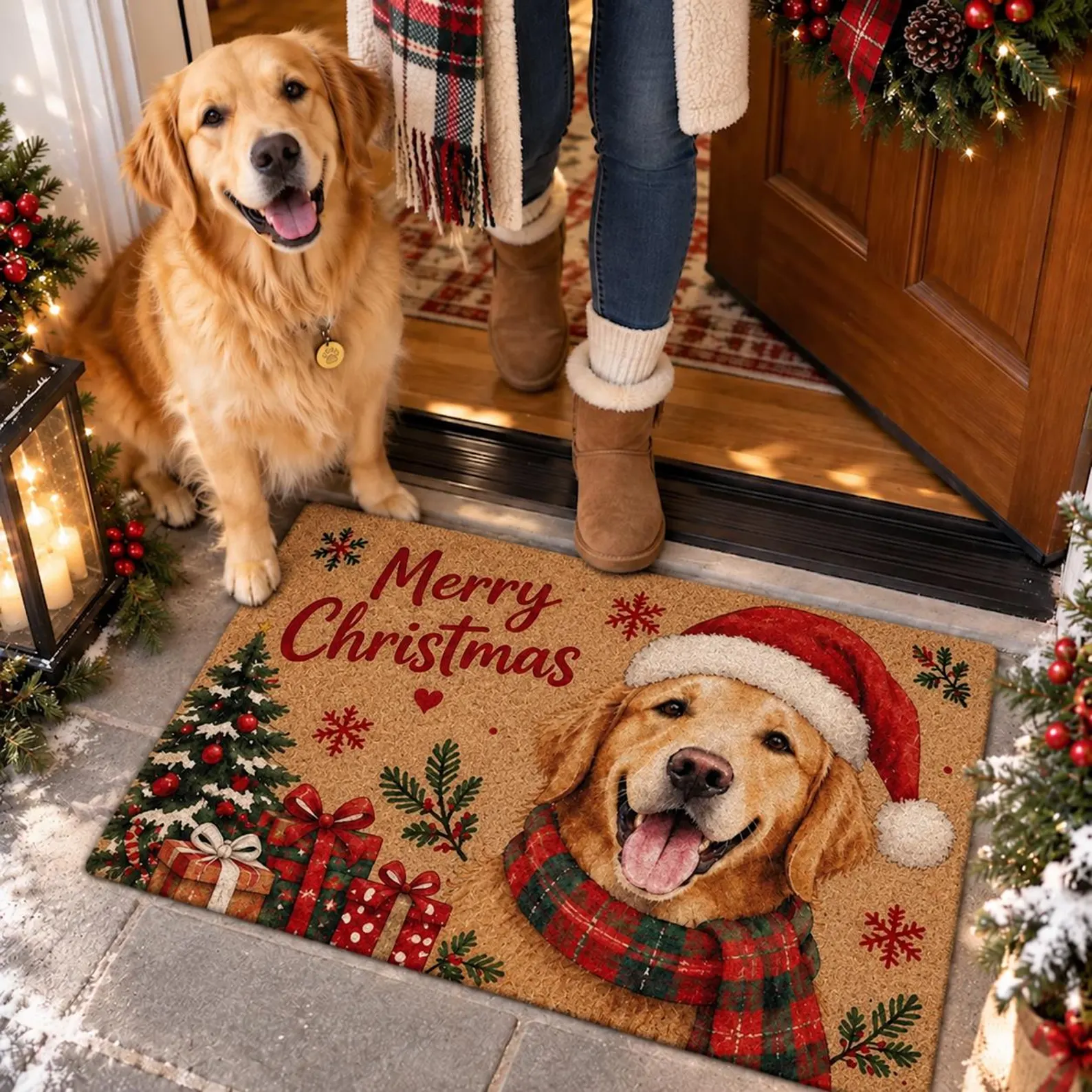 Personalized Christmas Doormat with Festive Dog Design Gift for Dog Lovers