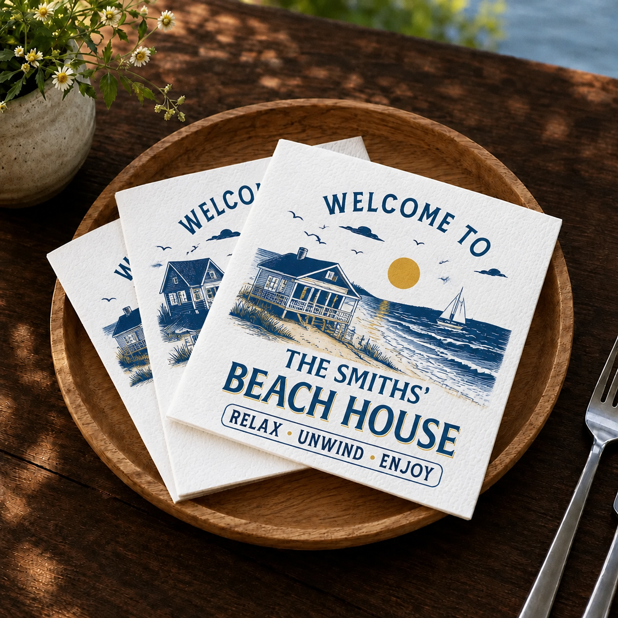 Personalized Beach House Napkins Custom Name Gift for Hosts