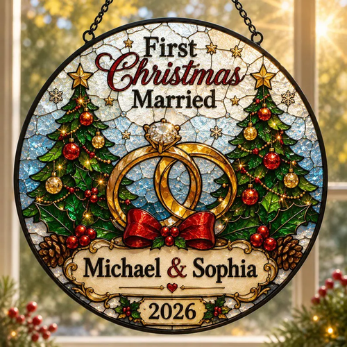 Personalized Glass Suncatcher Ornament for Newlyweds First Christmas Gift