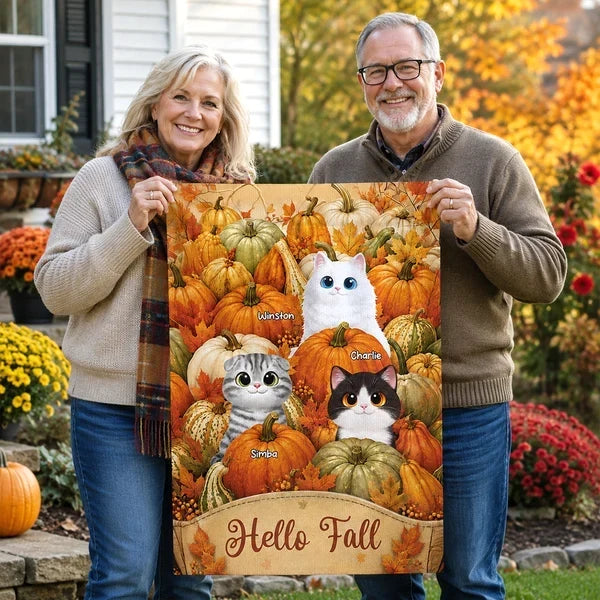 Personalized Fall Garden Flag with Cats in Pumpkin Patch Gift for Cat Lovers