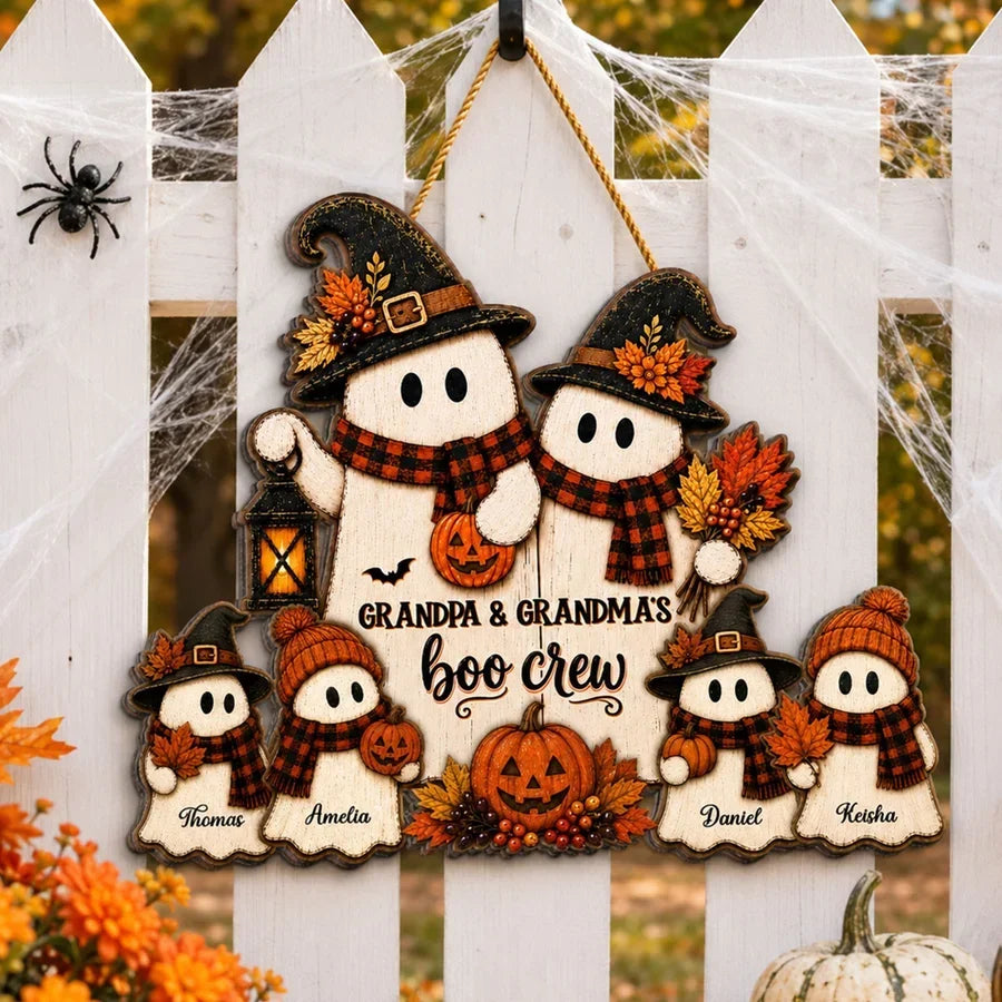 Personalized Wooden Halloween Sign for Grandma & Grandpa's Boo Crew Family Decor