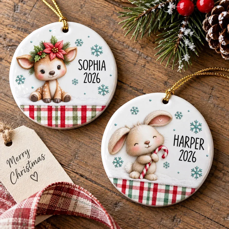 Personalized Ceramic Ornament Cute Woodland Animals Gift for Kids