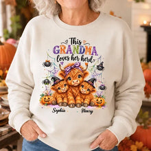 Load image into Gallery viewer, Personalized Halloween Sweatshirt for Grandma with Cows &amp; Spiders
