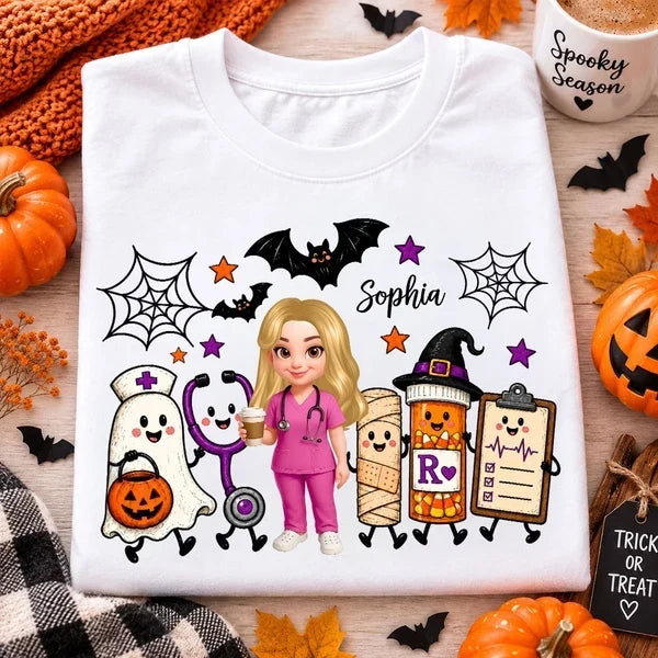 Personalized Halloween Tee Nurse Holding Coffee Gift for Nurse