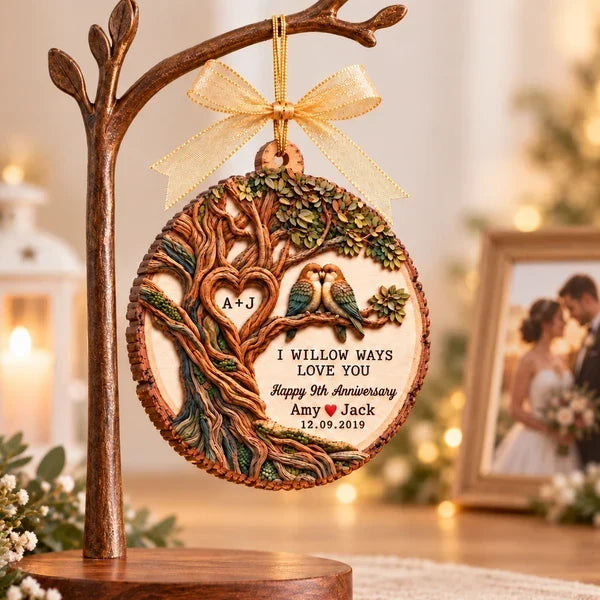 Personalized Wooden Ornament with Willow Tree & Birds, Unique Anniversary Gift for Couples